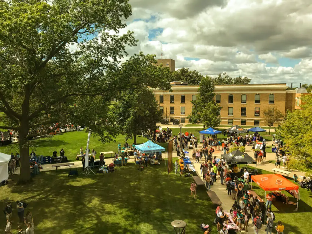 Tents line walkways on college campus